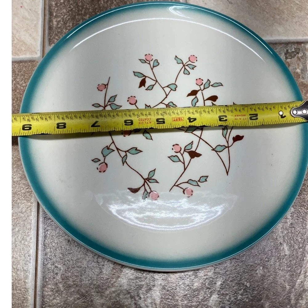 Vintage Ceramic 9 Inch Salad Plate Teal Rim Pink Berry Botanical Vine Pattern